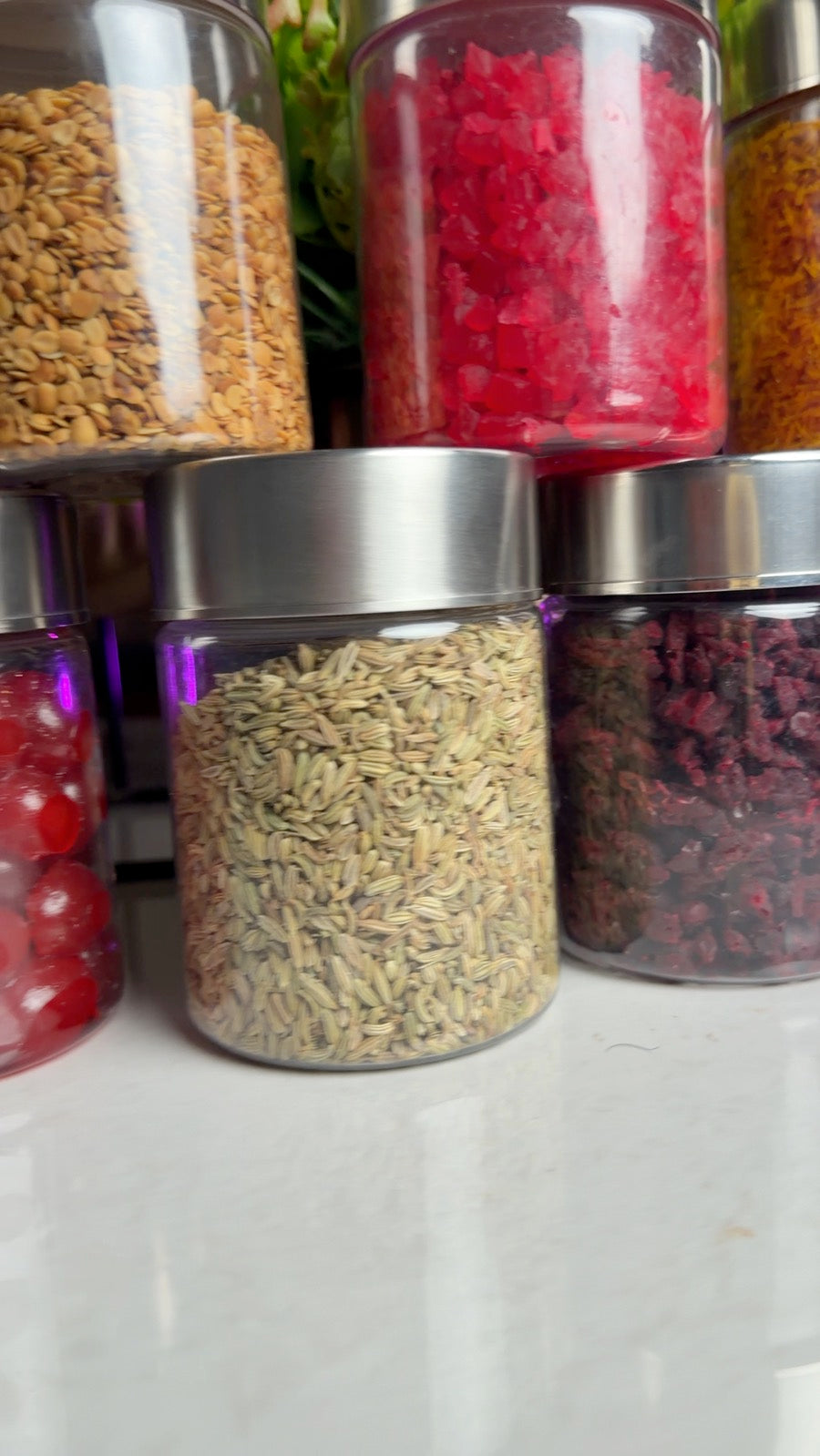 Jars of saunf, dhana dal and fruit candy
